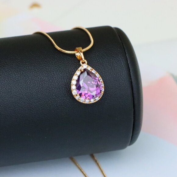 "Teardrop Purple Pendant with Crystal Halo in Elegant Rose Gold Finish, XPPT1615 - Picture 12 of 13